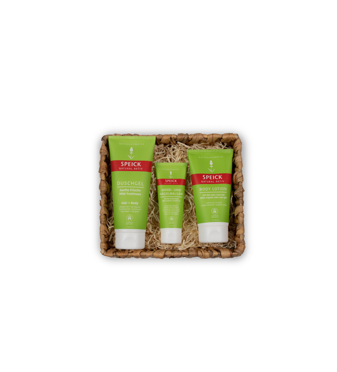 Speick Natural Aktiv Geschenkset „Grüne Pflegemomente“ – Pflegekörbchen mit Duschgel, Body Lotion & Handbalsam