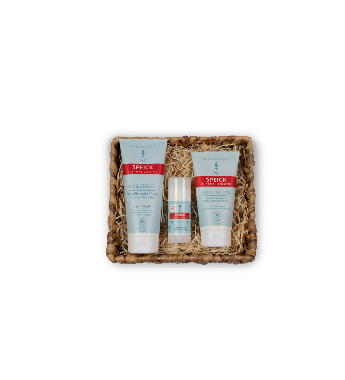 Speick Thermal Sensitiv Geschenkset „Thermalmomente“ – Pflegekörbchen mit Duschgel, Body Lotion & Deo Stick