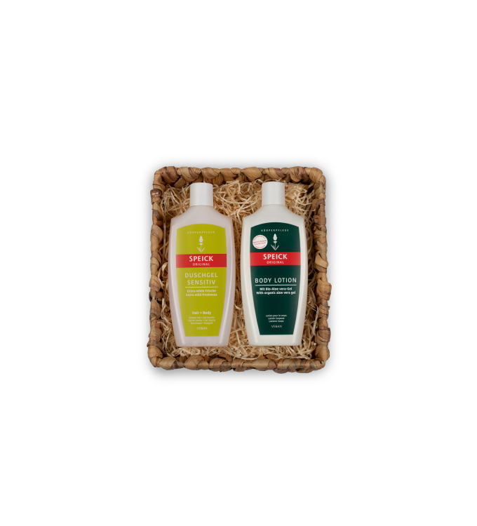 Speick Original Geschenkset „Sanfte Frische“ – Pflegekörbchen mit Duschgel Sensitiv & Body Lotion