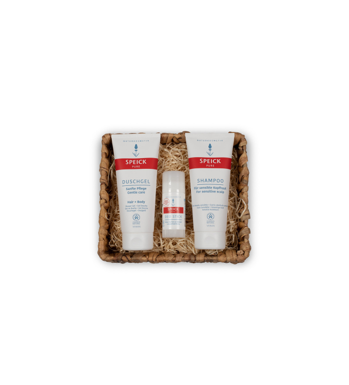 Speick Pure Geschenkset „Pure Auszeit“ – Pflegekörbchen mit Duschgel, Shampoo & Deo Stick