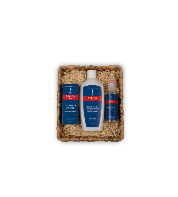 Speick Men Geschenkset „Frischer Auftritt“ – Pflegekörbchen mit Duschgel, Intensiv Creme & Deo Spray